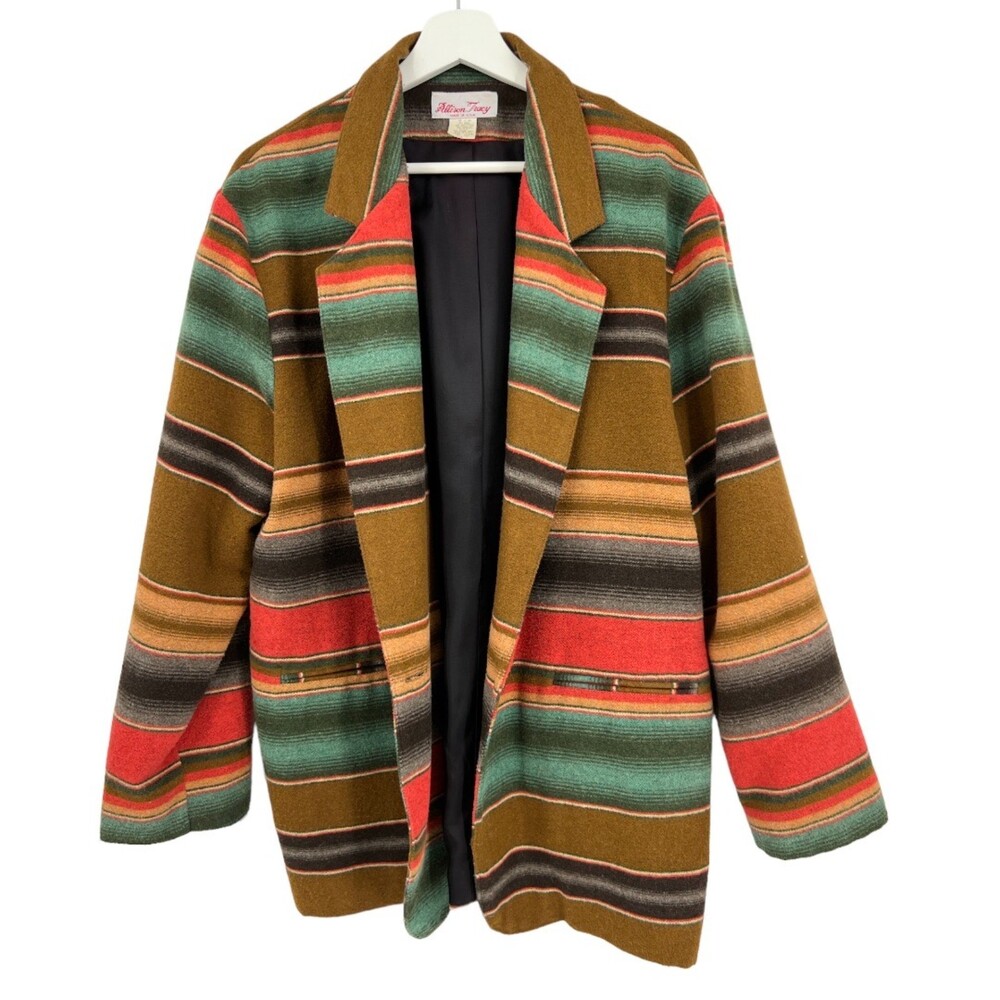 Allison Tracy Wool Striped Blazer Women's Size Large Brown Green Red Tan - Picture 6 of 8